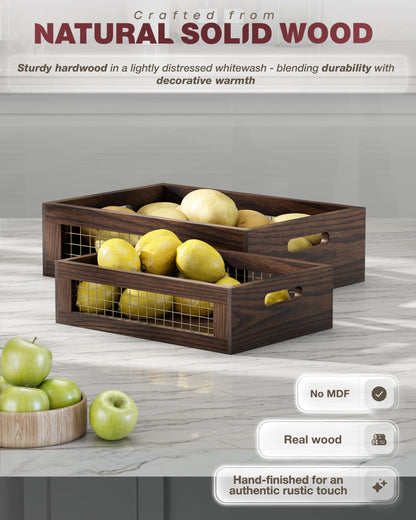 NAGAWOOD Wooden Countertop Baskets Set of 2 for Kitchen, Pantry|Wall Mount Upgrade with Full Accessories| Rustic Nesting Boxes|Wooden Organizer Crates for Vegetables, Produce, Bread