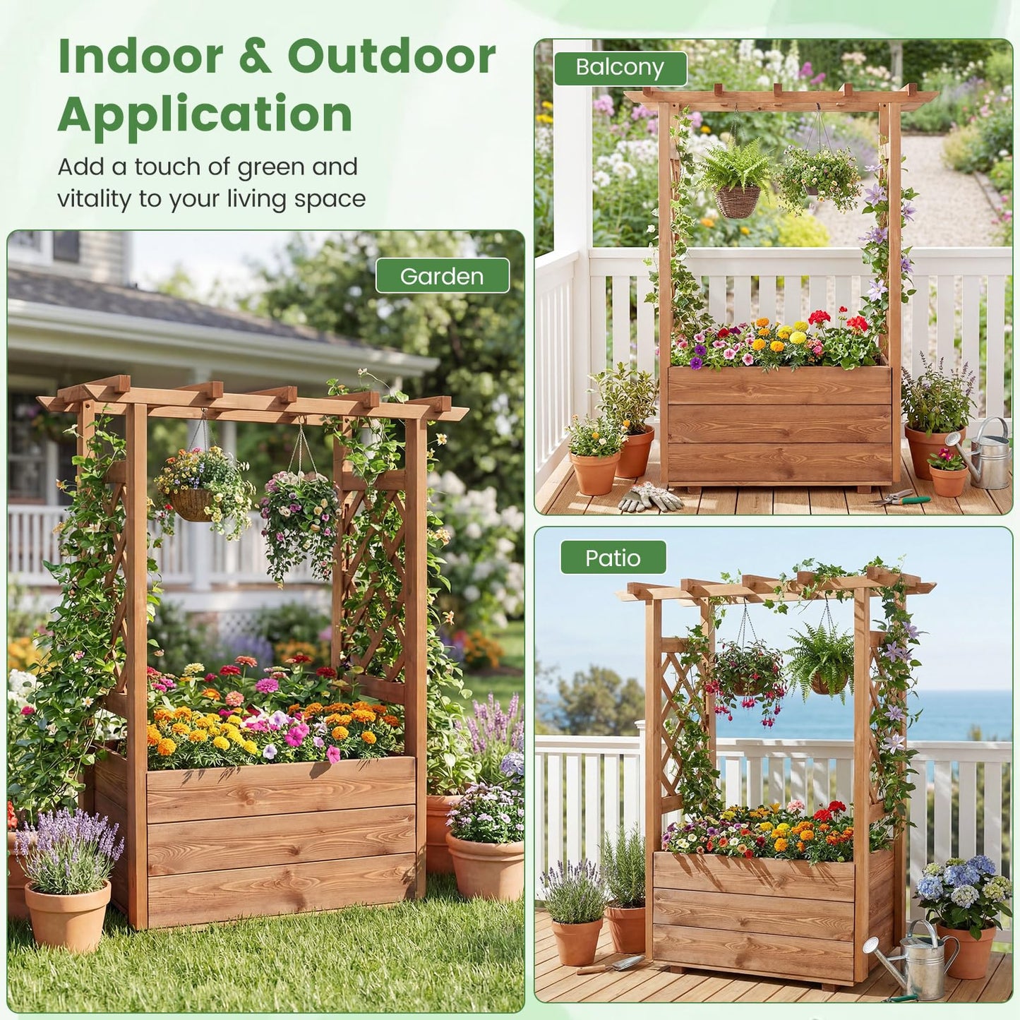 Giantex Raised Garden Bed with Sided Trellis & Roof Set 2, 31”x16”x41” Wood Elevated Planter Box, Freestanding Garden Planter Raised Bed for Flowers Herbs Climbing Vines,Brown