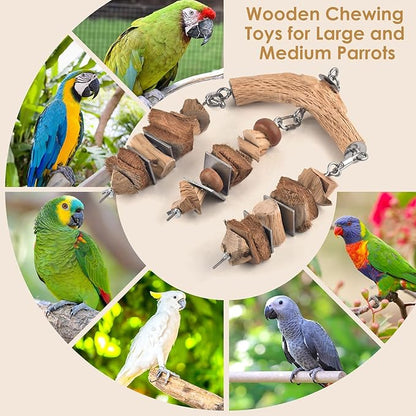 DBNESS Bird Parrot Toys, Hanging Medium Large Birds Wooden Chew Blocks with Stainless Steel Natural Chewing Cage Bite Toy for Macaws African Greys Cokatoos Amazon Parrots Similar Sized Pet Parrots