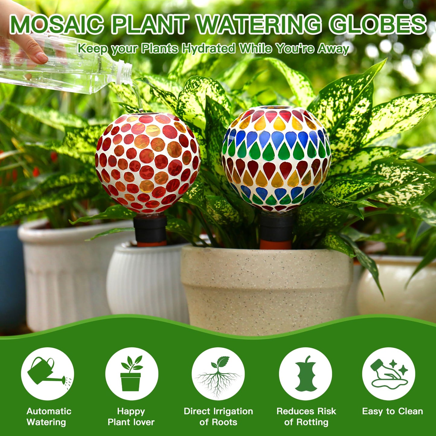 SAVENNA Mosaic Plant Watering Globes with Terracotta Spikes, 17oz Glass Self Watering Globes for Indoor & Outdoor Potted Plants, Decorative Water Drippers, Set of 2