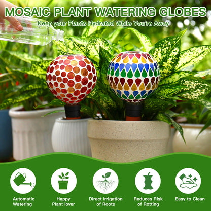 SAVENNA Mosaic Plant Watering Globes with Terracotta Spikes, 17oz Glass Self Watering Globes for Indoor & Outdoor Potted Plants, Decorative Water Drippers, Set of 2