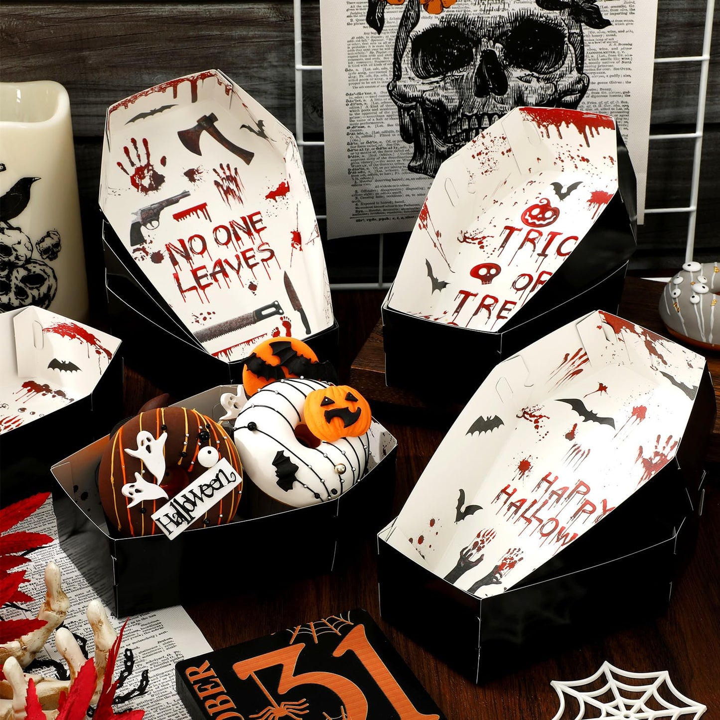 JarThenaAMCS 100Pcs Halloween Coffin Snack Trays Bloody Paper Food Trays Scary Handprint Bat Skull Coffin Boxes for Halloween Trick or Treat Party Food Storage Serving Supplies