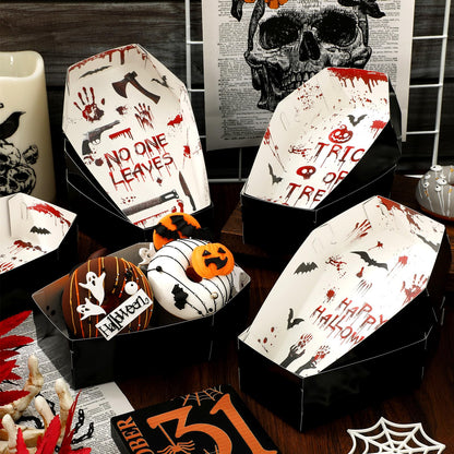 JarThenaAMCS 100Pcs Halloween Coffin Snack Trays Bloody Paper Food Trays Scary Handprint Bat Skull Coffin Boxes for Halloween Trick or Treat Party Food Storage Serving Supplies