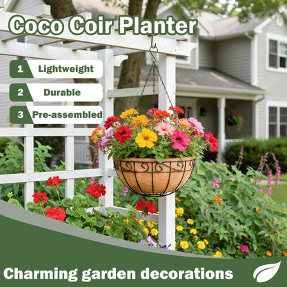 KIDYBELL 4 Pack 10 Inch Hanging Baskets for Plants Outdoor Metal Hanging Planter Basket with Coco Coir Liner Hanging Flower Baskets Hangings Flower Pots Holder for Garden, Patio(Flower)