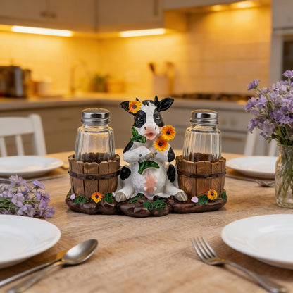 Rustic Farm Cow Salt and Pepper Shaker Holder with Glass Jars