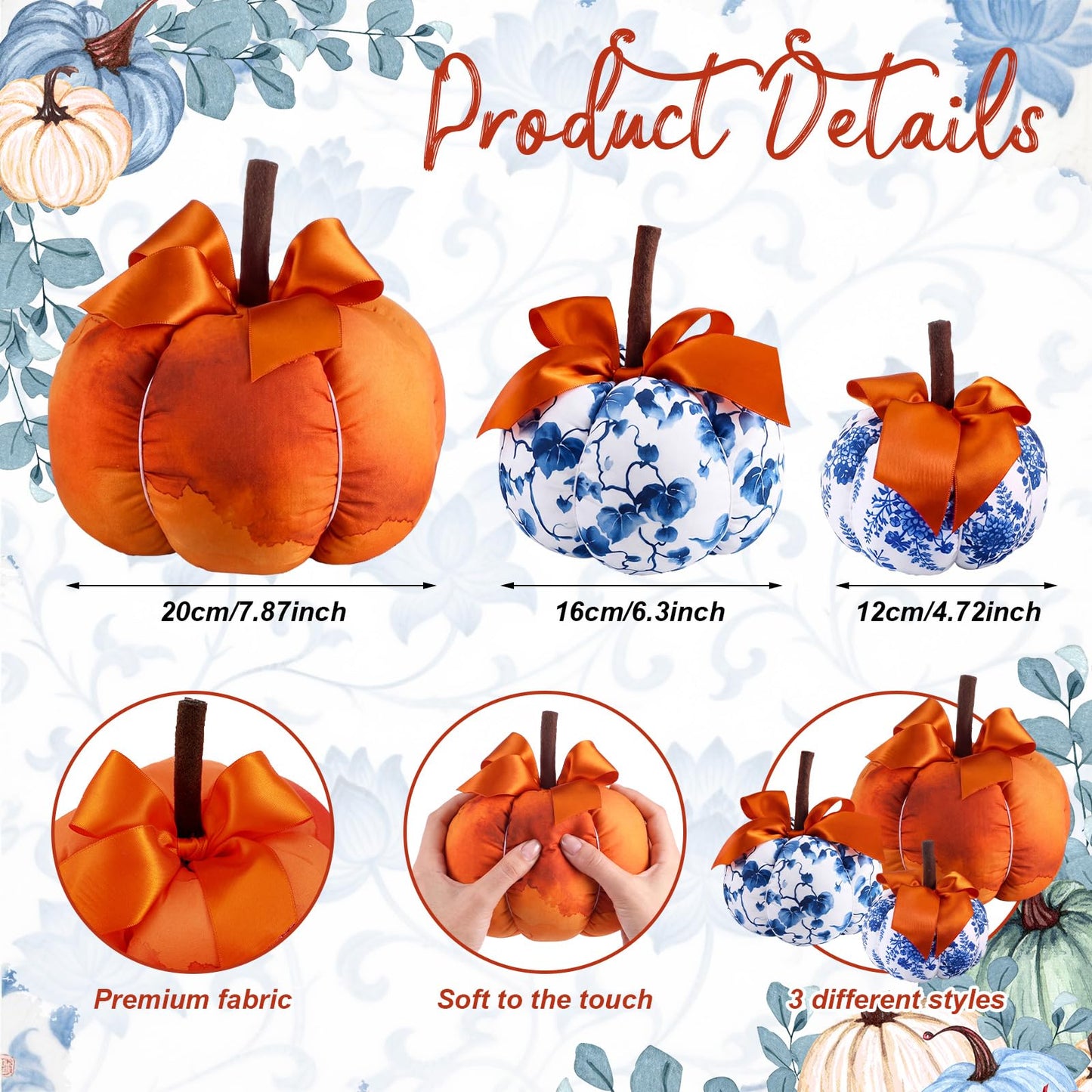 Frienda 3 Pcs Blue White Orange Fabric Pumpkins Chinoiserie Thanksgiving Decor Rustic Pumpkins Blue and White Porcelain Faux Fall Decor for Autumn Harvest Farmhouse Wedding Table Centerpiece Mantel