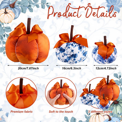 Frienda 3 Pcs Blue White Orange Fabric Pumpkins Chinoiserie Thanksgiving Decor Rustic Pumpkins Blue and White Porcelain Faux Fall Decor for Autumn Harvest Farmhouse Wedding Table Centerpiece Mantel