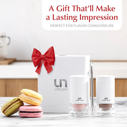 White Salt and Pepper Shakers with Holder - Elegant Stainless Steel Salt Shaker and Pepper Shaker Set with Acrylic Holder for Kitchen Counter or Restaurant Table