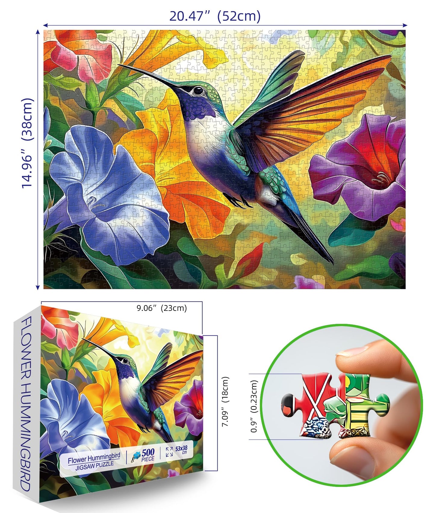 MINIWAN 500 Piece Hummingbird Flower Jigsaw Puzzle for Adults, Seniors - Puzzle with Letters on Back & Reference Poster, 23"x15" Premium Home Decor Puzzle