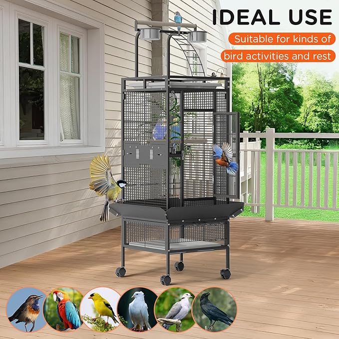 GarveeLife Large Bird Cage 60-inch Playtop Metal Bird Cages with Rolling Stands, Feed Bowls for Parakeets, Conures, Parrot Cage for Medium Large Parrot Cage with Slide-Out Tray Seed Guard, Black