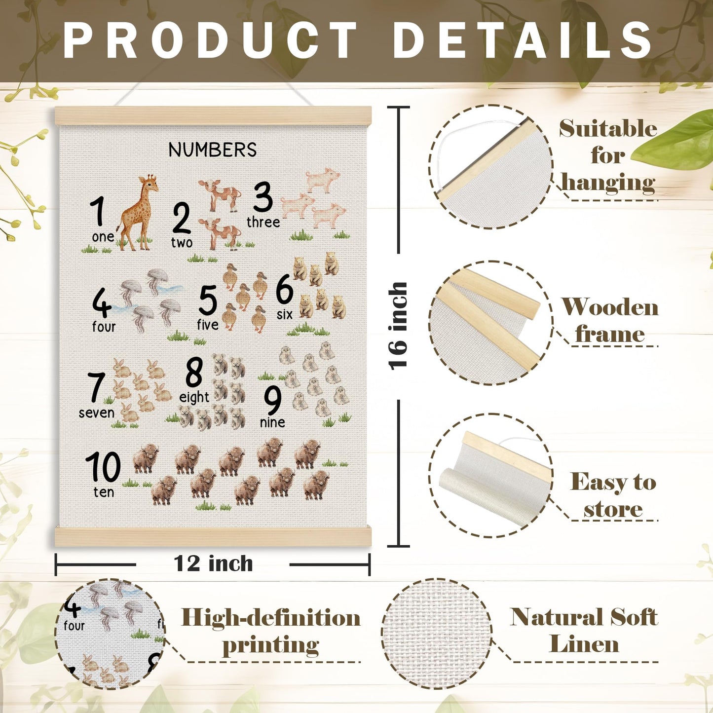 MOTERMATE Woodland Farm Nursery Number Wall Art Poster Chart, Learning Educational Canvas Poster Hanger Frame for Toddlers Classroom, Safari Nursery Wall Hanging Banner Decor for Classroom, 12x16 Inch