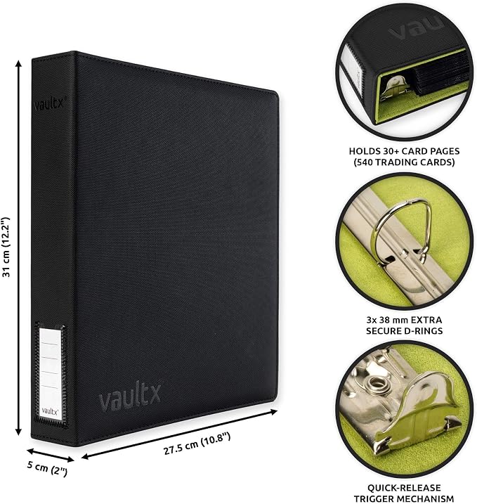 Vault X Slim Ring Binder, 540 Cards, fits 9 Pocket Pages, Exo-Tec Material, 3 D-Ring Folder, for Trading Cards (Black/Green)