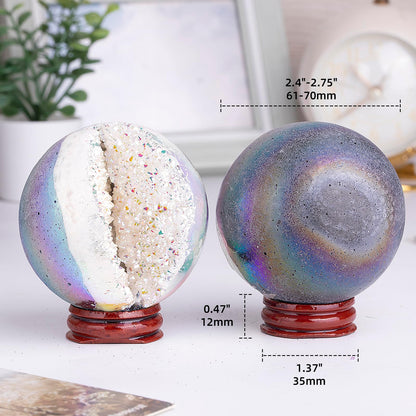 Sportmusies Titanium Coated Rock Crystal Geode Ball with Wooden Stand, Druzy Quartz Stone Cluster Sphere Reiki Home Office Decoration, Angel Aura
