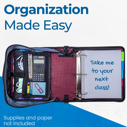 Case-it Mighty Zip Tab School Zipper Binder | 3-Inch O-Rings, 600-Sheet Capacity, 5-Subject Expanding File Folder, Multiple Pockets & Storage Organizer, Shoulder Strap | D-146 Red Burgundy