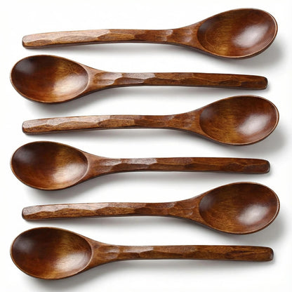 Diulazin Handmade Wooden Spoons for Eating, Japanese Ramen Spoon Set with Long Handle, Perfect for Rice, Desserts, and Cooking - Stylish Kitchen Utensils (6 PCS)