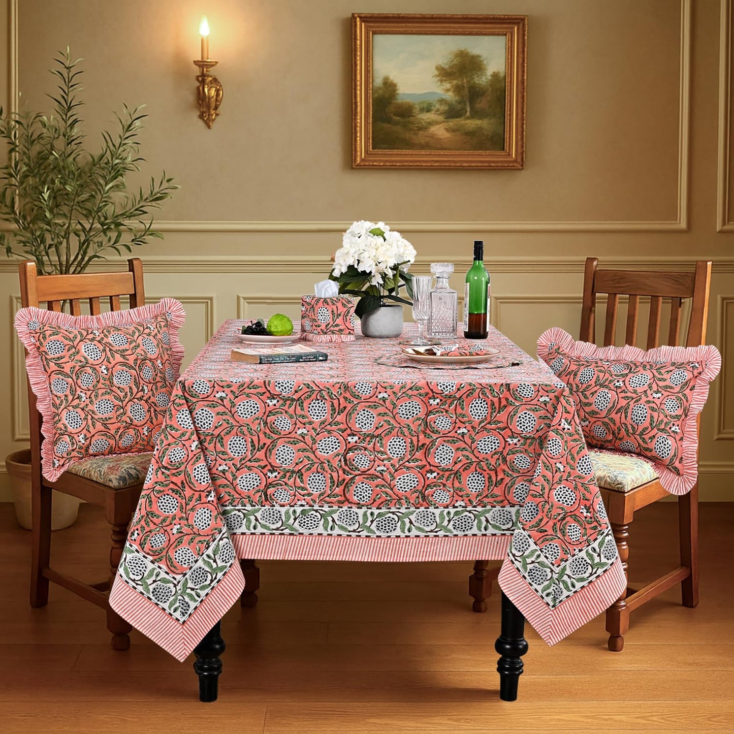 Ridhi Dark Salmon Pink Hand Block Print Cotton Rectangle Tablecloth 60" x 60" inches Reusable Table Cover Decorative Everyday Use for Dining Room, Farmhouse, Home Gift for Spring, Mother's Day