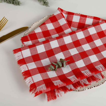 Red White Plaid Cloth Napkins with Fringe Set of 8, Buffalo Checkered Cotton Napkins Washable, Oversized Gingham Napkins, Christmas Dinner Napkins for Wedding, Parties, Thanksgiving, Dinner Decor