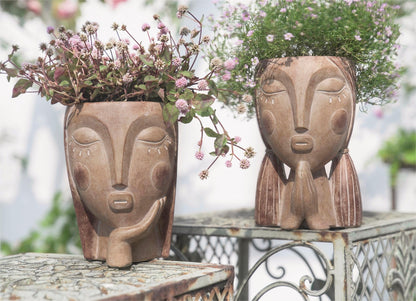 Saysmile Head Planters for Indoor Plants, Face Flower Pot Head Planter Succulent Planters Unique Face Planter with Drainage Hole - Rustic Thinking Girl Closed Eyes