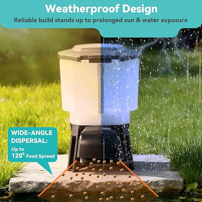 Solar Automatic Fish Feeder for Pond, Large Capacity 23L, Auto Outdoor Koi Fish Feeder, Programmable Auto Timer, Automatic Dispenser for Vacation, Big Tank, Battery & AC Electric Power