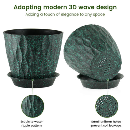 Meowell 7 inch Plant Pots for Indoor Outdoor Plants, 5 Pack Thick Flower Pots with Drainage Holes and Saucers, 3D Modern Wave Texture Plastic Planter Nursery Pots, Black with Green Speckles