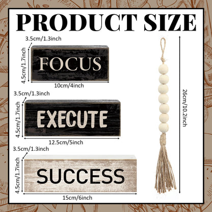 Yuntau 4 Pcs Motivational Desk Decor Wooden Office Decor Inspirational Tiered Tray Decoration Rustic Retro Wood Bead Garland Focus Execute Success Block Sign Farmhouse Centerpiece for Home Shelf