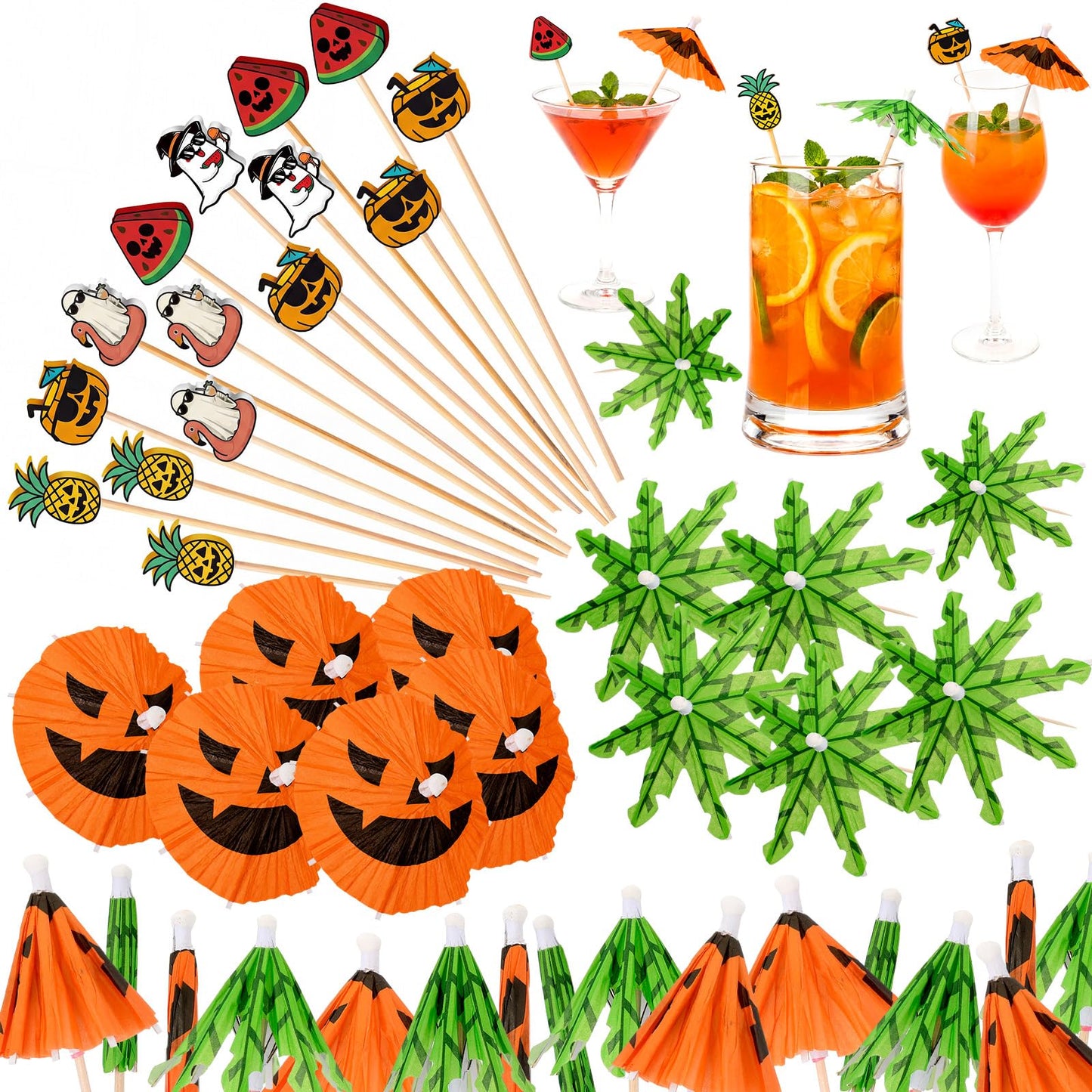 Remerry 160 Pcs Summer Halloween Cocktail Drink Accessories 60 Drink Umbrellas Straws Toothpicks 100 4.7 Inch Fruit Toothpicks Pumpkin Ghost Halloween Tropical Luau Hawaiian Beach Party Decorations