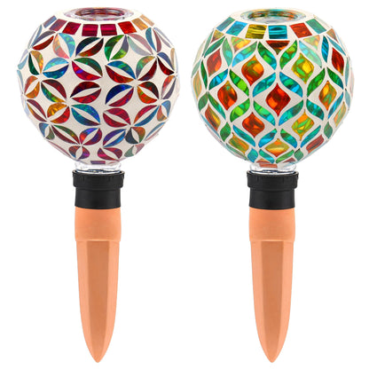 VOREEN Mosaic Plant Watering Globes with Terracotta Spikes, Decorative Glass Watering Globes for Potted Plants, Garden Accent & Thoughtful Gift, Set of 2