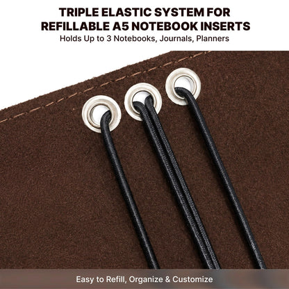 TORAKIP Leather A5 Notebook Cover – Refillable Journal Case with Elastic Bands, Pen Loop & Inner Pockets, Handmade Notebook Organizer, Fits 5.8" x 8.3" Inserts (Paper Not Included), Brown