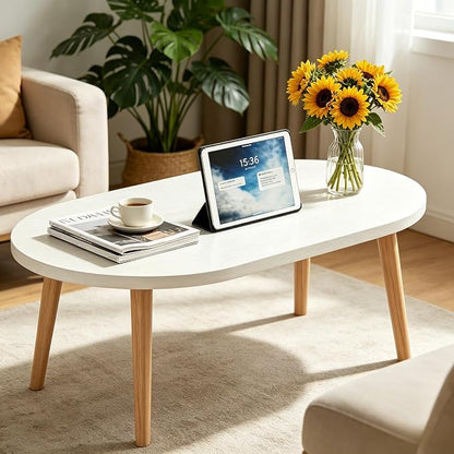 Coffee Table Low Table with Solid Wood Legs, 31.5x19.7 Large Coffee Table Side Table, Floor Table Desk for Sitting on The Floor, Living Room Furniture for Office Apartment Home, Oval White