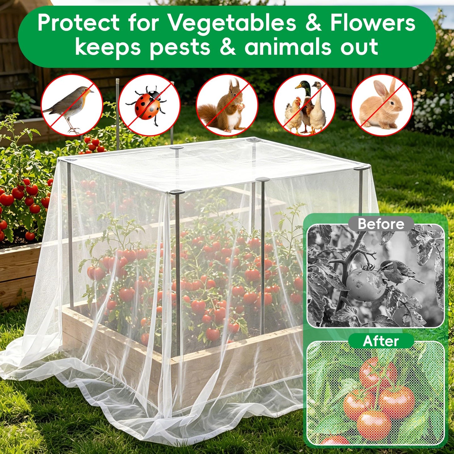 Metal Garden Netting Covers Kit for Raised Beds, 6 Pack 2.6FT Garden Poles Support Stakes with 10×13FT Insect Pest Barrier Plant Netting Mesh & 12 Clips for Vegetable Fruit Flower Garden Protection