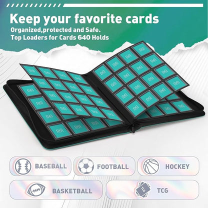 16 Pocket Toploader Binder,Holds 640 Top Loaders,Top Loader Binder for 3" x 4"Rigid Cards,Sleeves Card Collection Binder,20 Double Sided Pages,Compatible with Trading & Sports Holder (16Cyan)