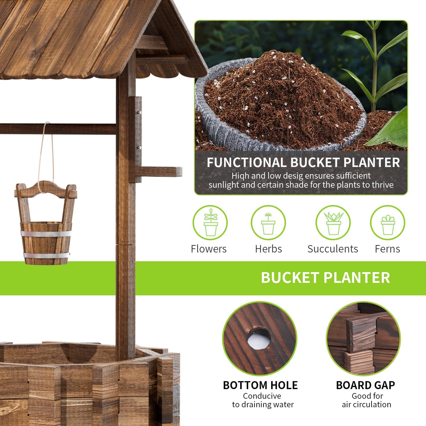 Aoxun Outdoor Wooden Wishing Well Planters with Hanging Bucket, Garden Helper, Rustic Garden Decor for Outside, Yard and Patio, Upgrade - Reinforced Base, Brown