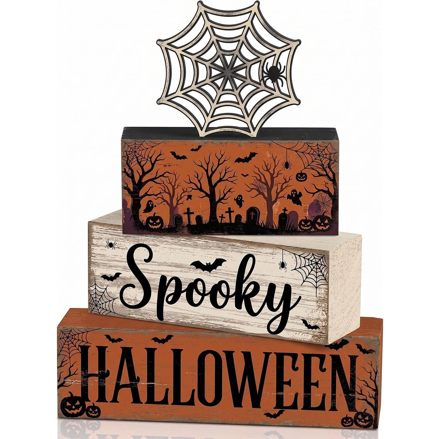 4 Pcs Halloween Table Decorations, Spider Web Tiered Tray Decor, Farmhouse Rustic Wooden Block Signs, Spooky Halloween Tabletop Centerpiece for Home Kitchen Shelf Office Mantel