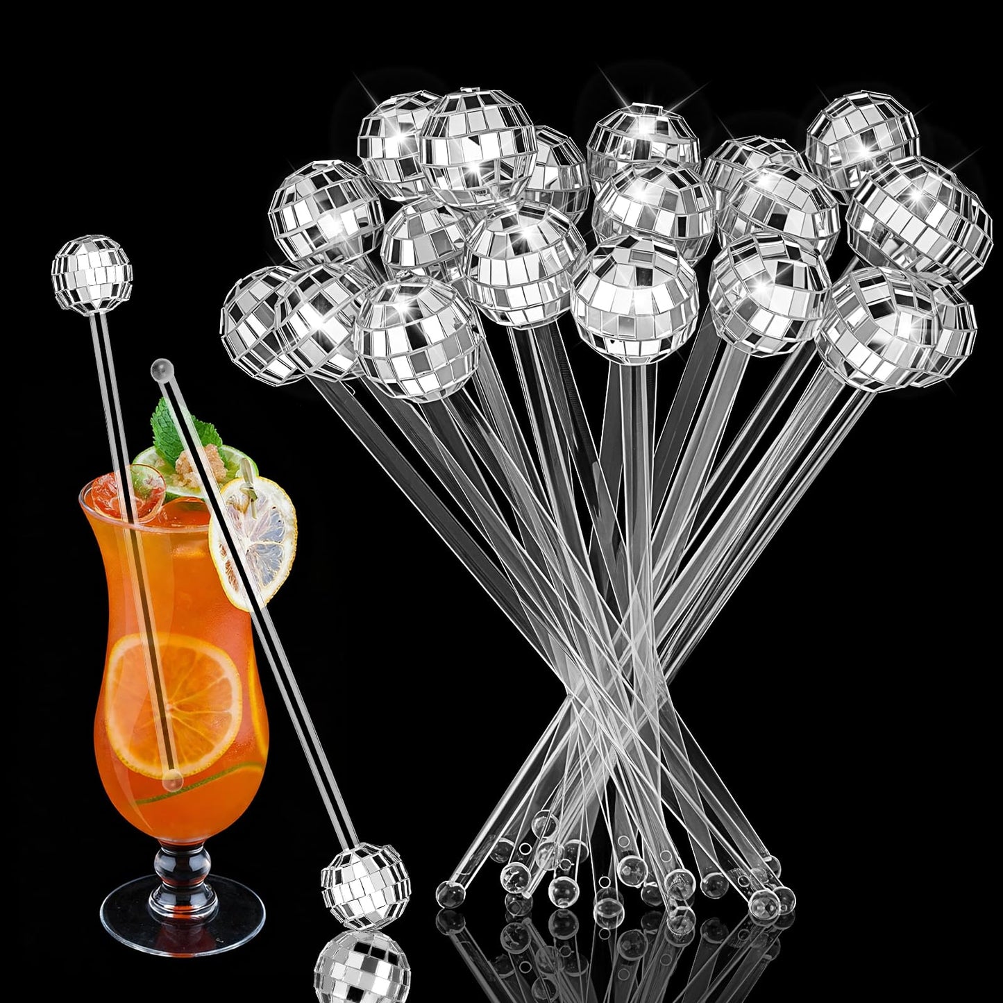 72 Pcs Disco Balls Cocktail Stirrers, Plastic Round Top Swizzle Sticks Mirror Disco Ball Stir Sticks Decorative Straws Drink Stirrers for 70s 80s Theme Party, Home Bar, Coffee Shop, Wedding (Silver)