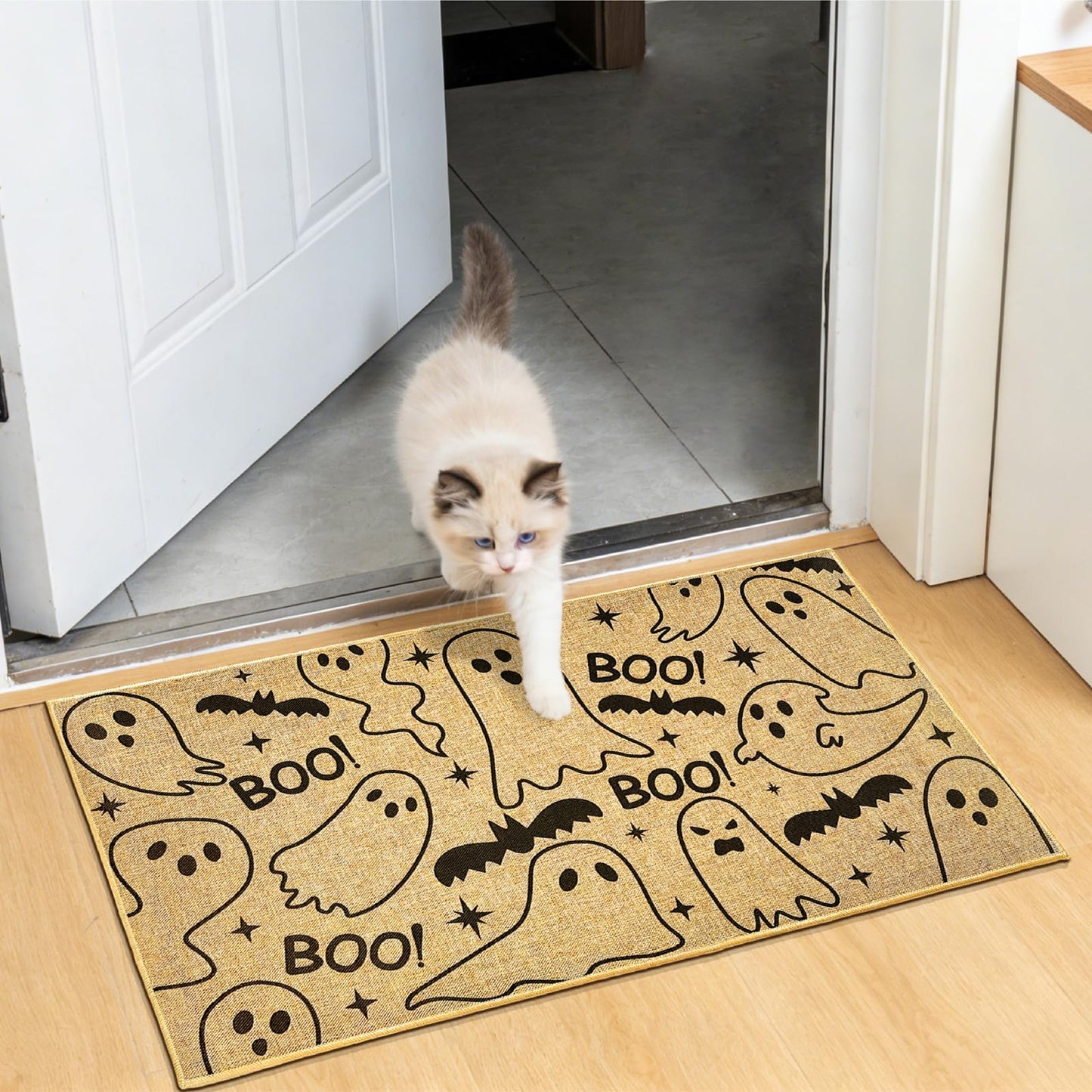 Kazova Ghost Doormat Boo 17x30 Inch Non Slip Washable Linen Indoor Outdoor Rug for Couples Introvert Funny Unwelcome Front Door Entryway