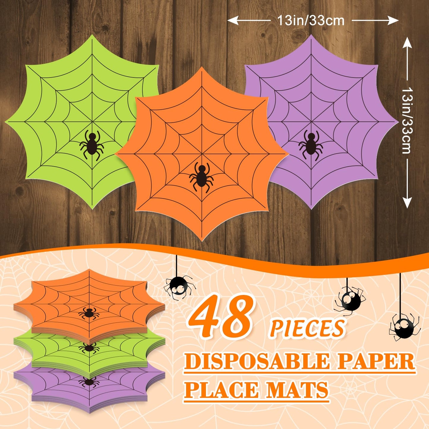 Whaline 48 Pack Halloween Paper Place Mats 13 Inch Spiderweb Disposable Placemats Green Orange Purple Spider Web Paper Table Mats for Kitchen Dinner Table Setting