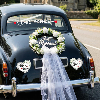 Just Married Car Decorations Set – White Floral Wreath with Long Tulle, Static-Cling Window Decal, Magnetic “Mr & Mrs” & “Love” Heart Signs – Elegant Wedding Getaway Car Decor Kit