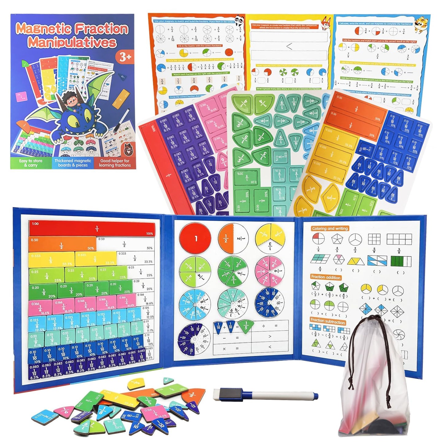 Magnetic Fraction Educational Puzzle,Magnetic Fraction Tiles & Fraction Circles,Math Manipulatives for Elementary School, Montessori Fraction Manipulatives Learning Toys for Kids