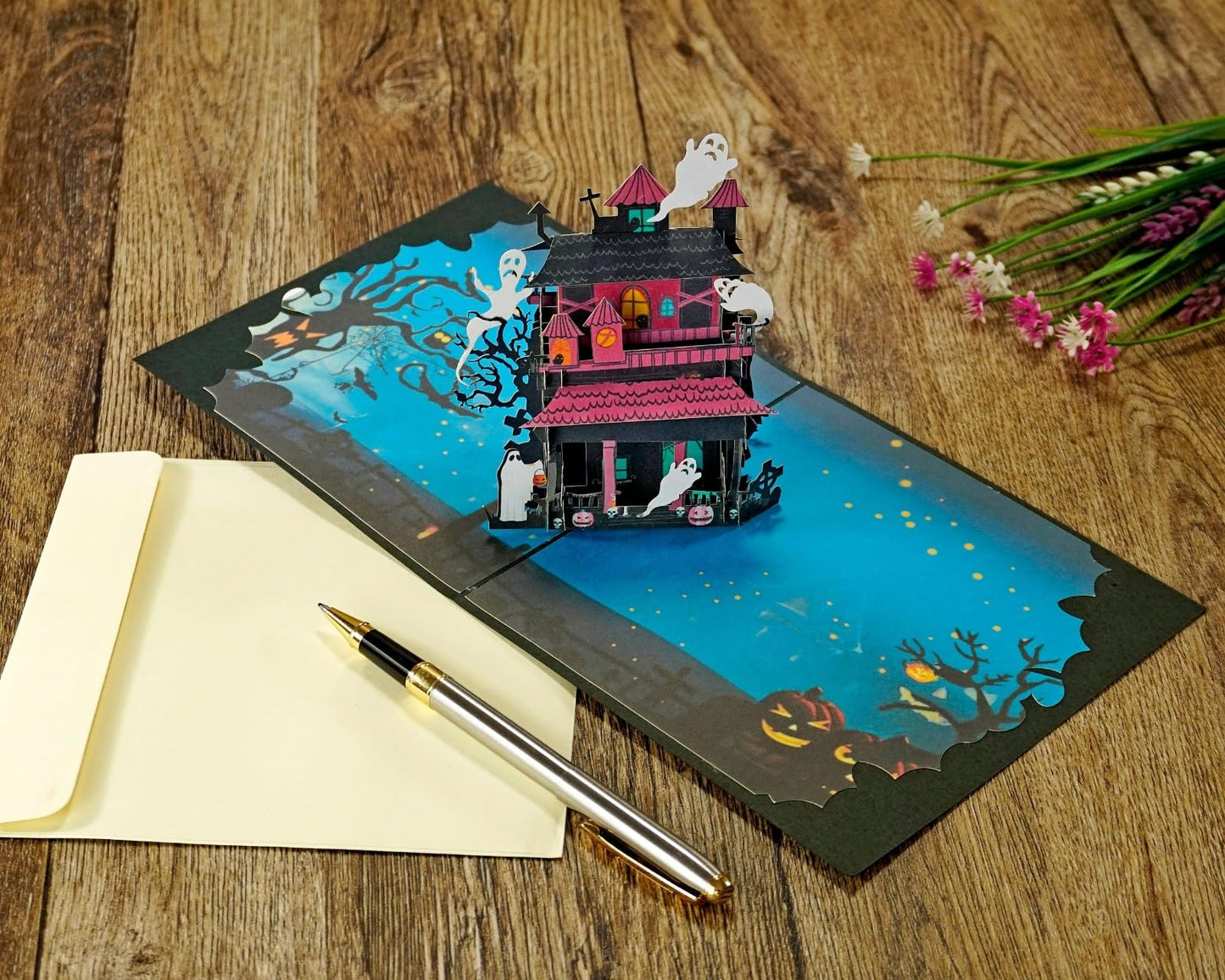 iGifts And Cards Halloween Haunted Mansion 3D Pop-Up Card – Spooky Ghost House, Pumpkins & Bats – 6"x6" Creepy Greeting Card for Trick-or-Treaters, October Birthdays, Parties & Eerie House Gifts