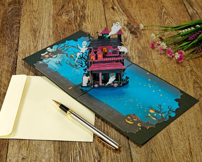 iGifts And Cards Halloween Haunted Mansion 3D Pop-Up Card – Spooky Ghost House, Pumpkins & Bats – 6"x6" Creepy Greeting Card for Trick-or-Treaters, October Birthdays, Parties & Eerie House Gifts