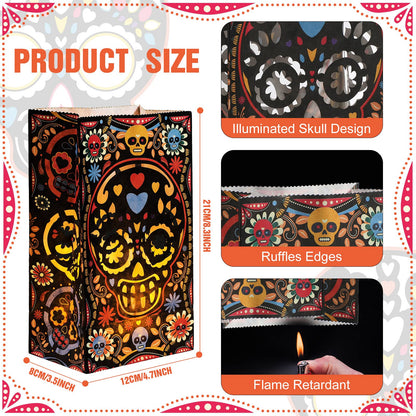 24 Pcs Halloween Day of The Dead Luminary Bags Paper Treat Bags Black Dia de Muertos Flame Resistant Candle Bags Goodie Present Wrap Bags for Halloween Party Favors Supplies