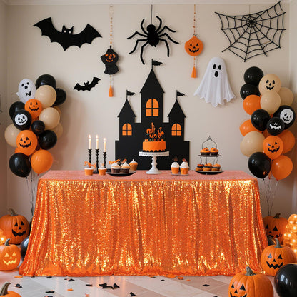Poise3EHome Orange Sequin Tablecloth 60×102 Inch Rectangle Sparkly Fabric Table Cloth for Halloween Baby Shower Birthday Party Wedding Holiday Decoration