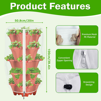 2 Pack Garden Vertical Planter Pot Insect Bird Netting,39.4" x 20" Stackable 5 Tier Strawberry Planter Pot Garden Mesh Plant Cover with Zipper for Outdoor Strawberry Herb Flower Protection