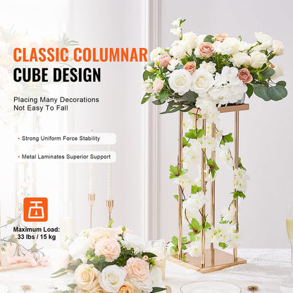 Happybuy 4PCS Gold Metal Column Wedding Flower Stand, 23.6-inch High with Metal Laminate, Cylindrical Vase Geometric Centerpiece Display Stands for Event, Reception & Party Decoration