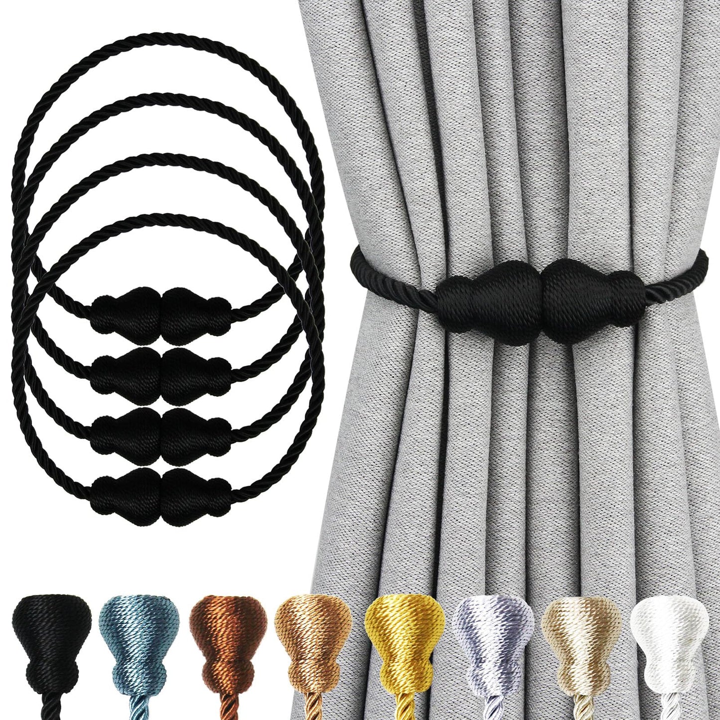 Nieffeiy Magnetic Curtain Tiebacks Outdoor Curtain Tie Backs Rope Decorative Magnetic Curtain Holders for Drapes Window Treatment Holdbacks, Black 4Pack