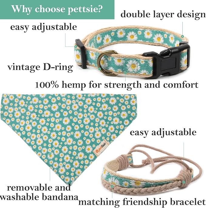 Pettsie Hemp Dog Bandana Collar & Matching Owner Friendship Bracelet | Adjustable, Durable Hemp, Soft & Comfortable, Secure D-Ring, Matching Friendship Bracelet, Green