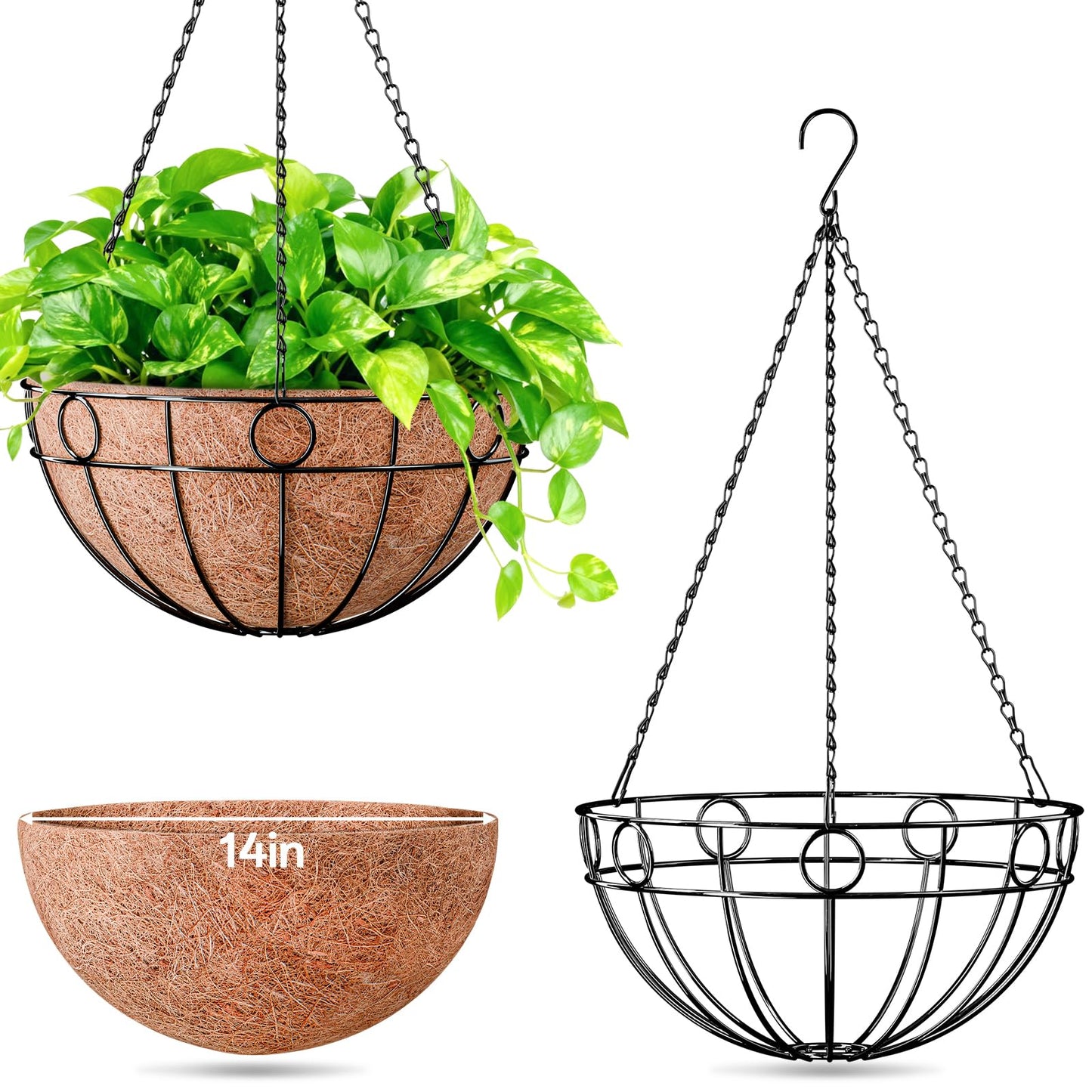 ZeeDix 2 Pack 14 Inch Metal Outdoor Plant Hanging Baskets, Round Wire Planter Basket with Coco Coir Liner, Large Hanging Flower Pots for Outdoor Garden Yard Patio Porch Balcony Decor