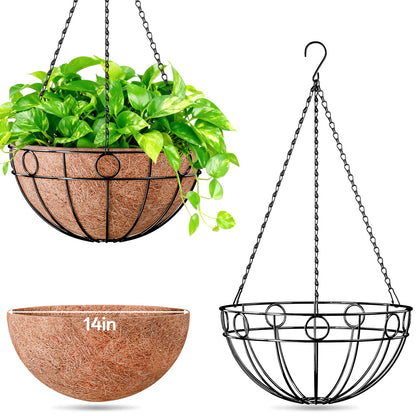 ZeeDix 2 Pack 14 Inch Metal Outdoor Plant Hanging Baskets, Round Wire Planter Basket with Coco Coir Liner, Large Hanging Flower Pots for Outdoor Garden Yard Patio Porch Balcony Decor