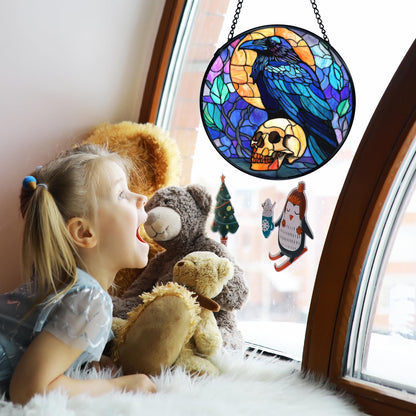 TNUW Black Raven Halloween Stained Glass Window Hanging, Gothic Skull Black Crow Sun Catchers Indoor Window Glass Round Wall Art Decor, Halloween Wall Hanging Decorations, 7.9＂x7.9＂