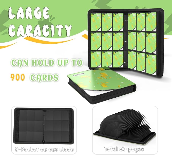 Trading Card Binder 9 Pocket,Card Binder 900 Pockets,Card Book Holder Cards with 50 Removable Sleeves,3-Ring Zip Design MTG/TCG/Sport Collectible Trading Card Albums Gifts for Boys and Girls (Green)